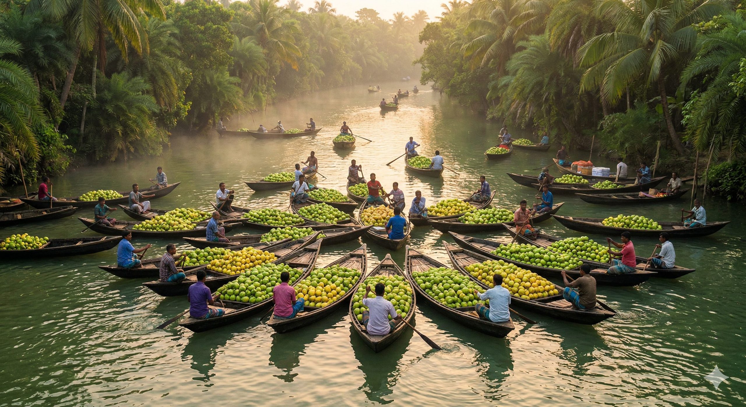 Male farmers on small wooden boats with fresh guavas at the floating markets of Barisal, Bangladesh - Deshghuri 2026 Tour