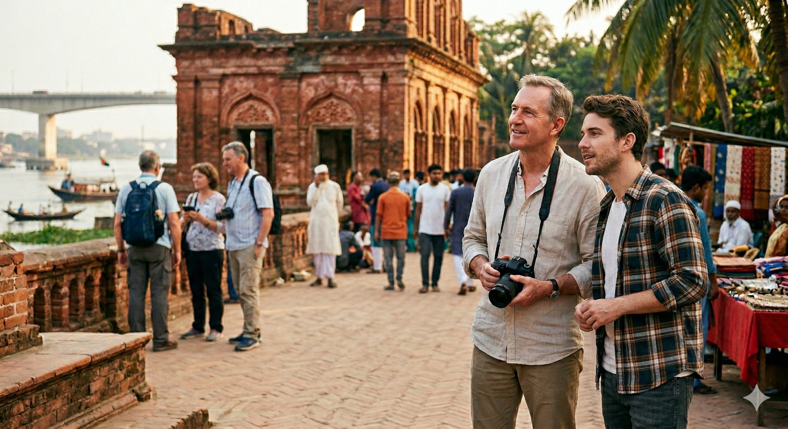Professional English speaking tour guide from Deshghuri explaining history to a foreign tourist in Bangladesh 2026.