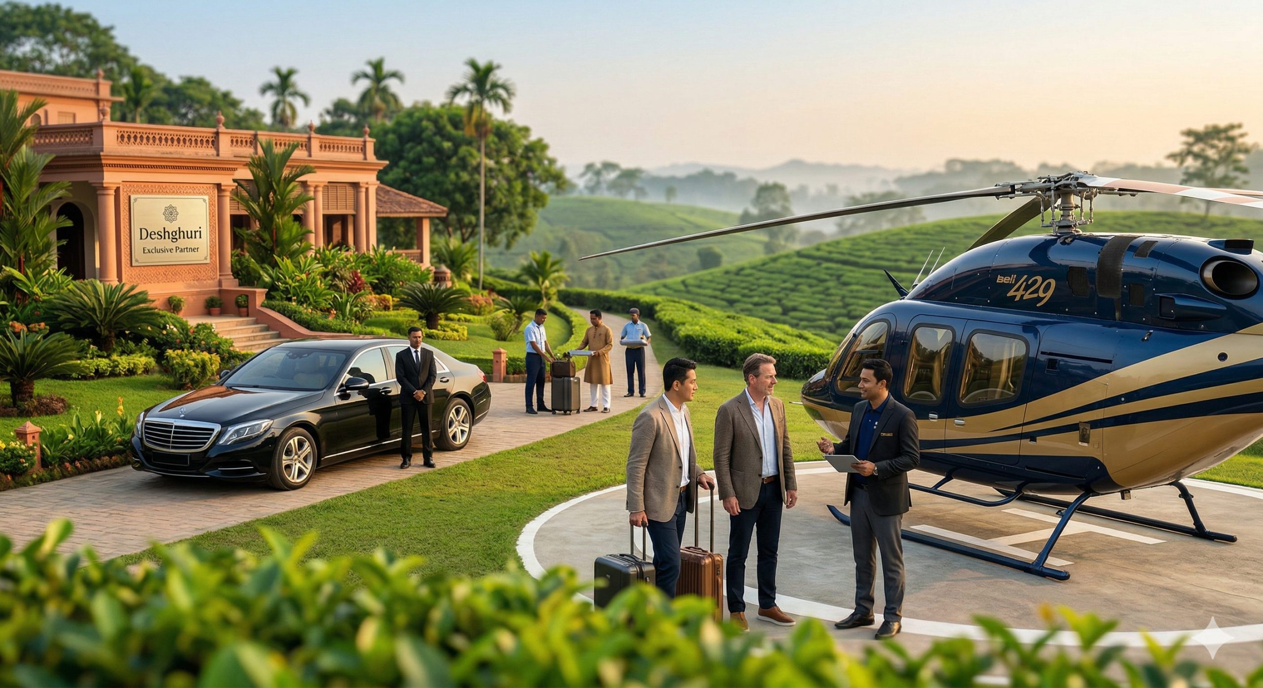 Luxury Inbound Travel Services in Bangladesh 2026 featuring private heli-charter and premium sedan by Deshghuri.