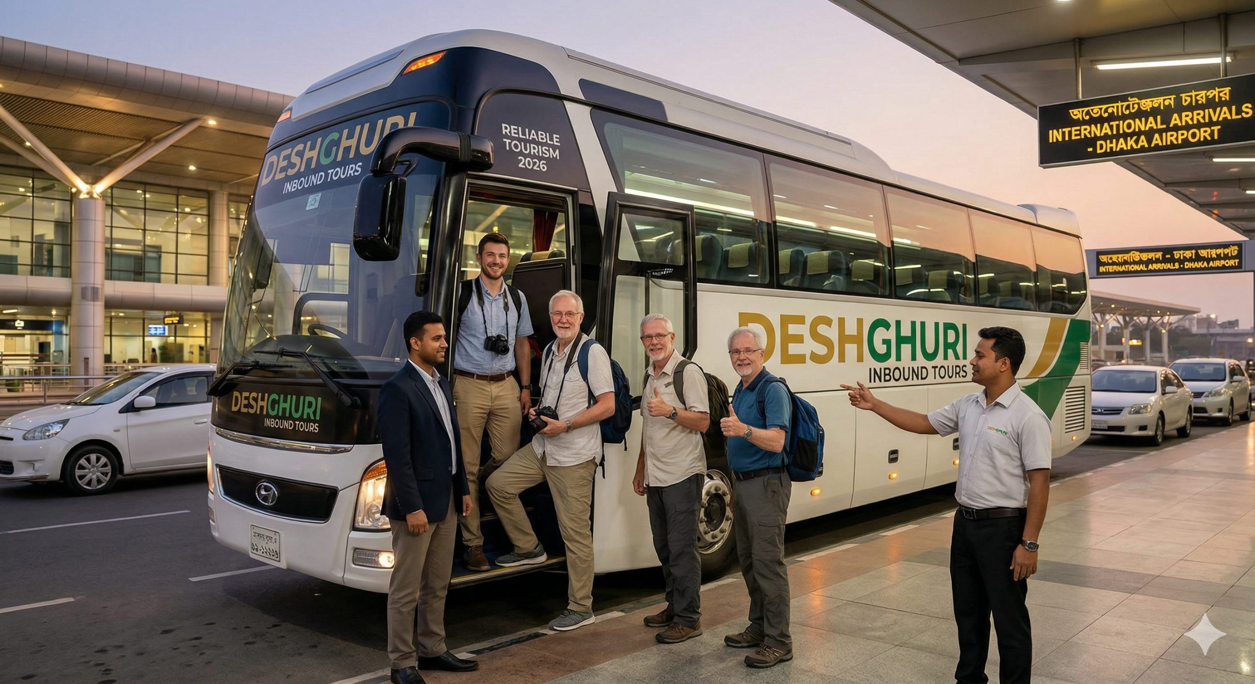 Professional Deshghuri tour guide welcoming international tourists at Dhaka Airport - Reliable Inbound Tour Operator in Bangladesh 2026