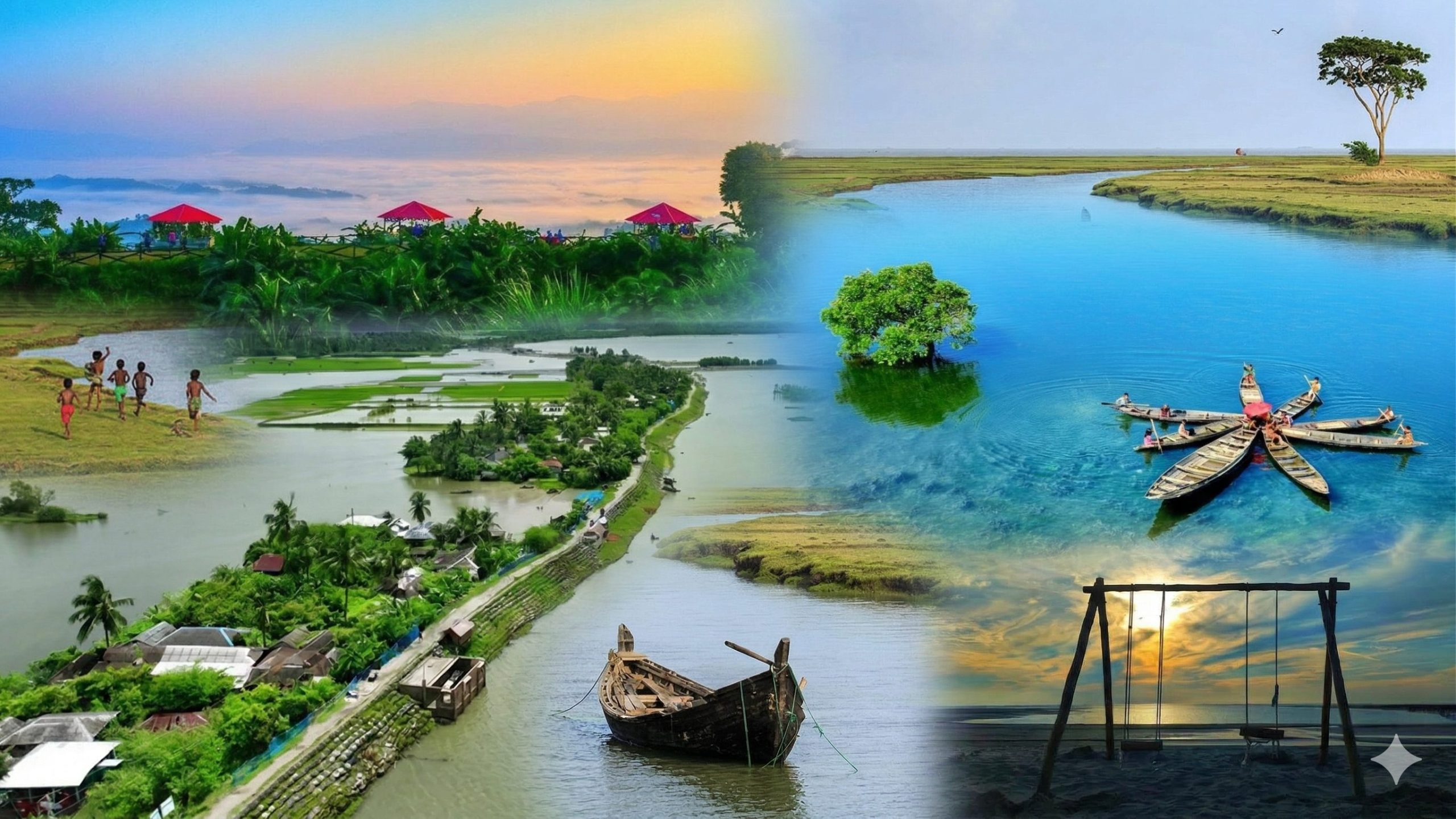 A vibrant collage showcasing diverse rural landscapes of Bangladesh, from misty mountains and mangrove swamps to serene coastal villages and traditional fishing boats