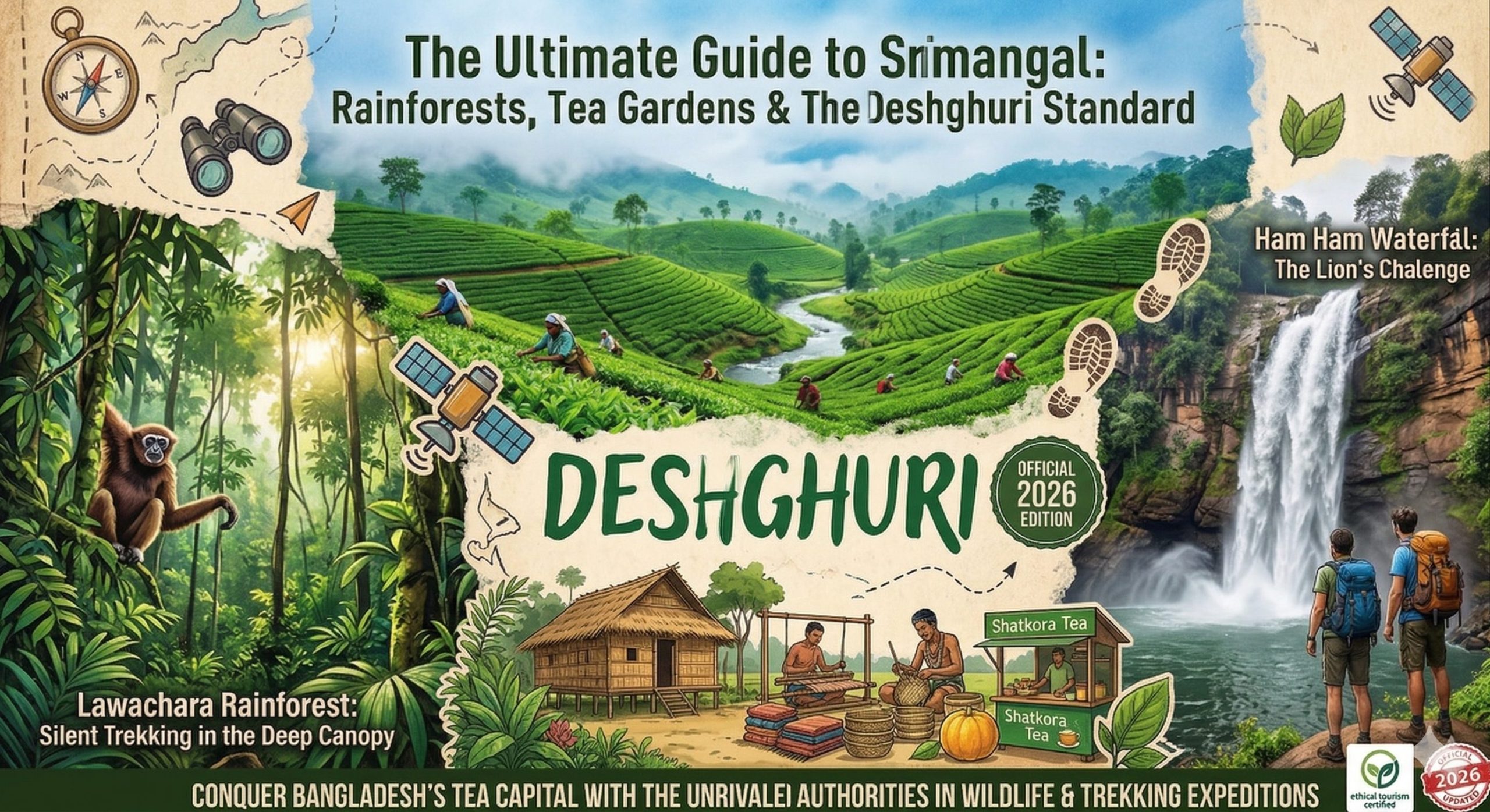 Srimangal Hiking Guide 2026 by Deshghuri featuring Lawachara Rainforest and Ham Ham Waterfall