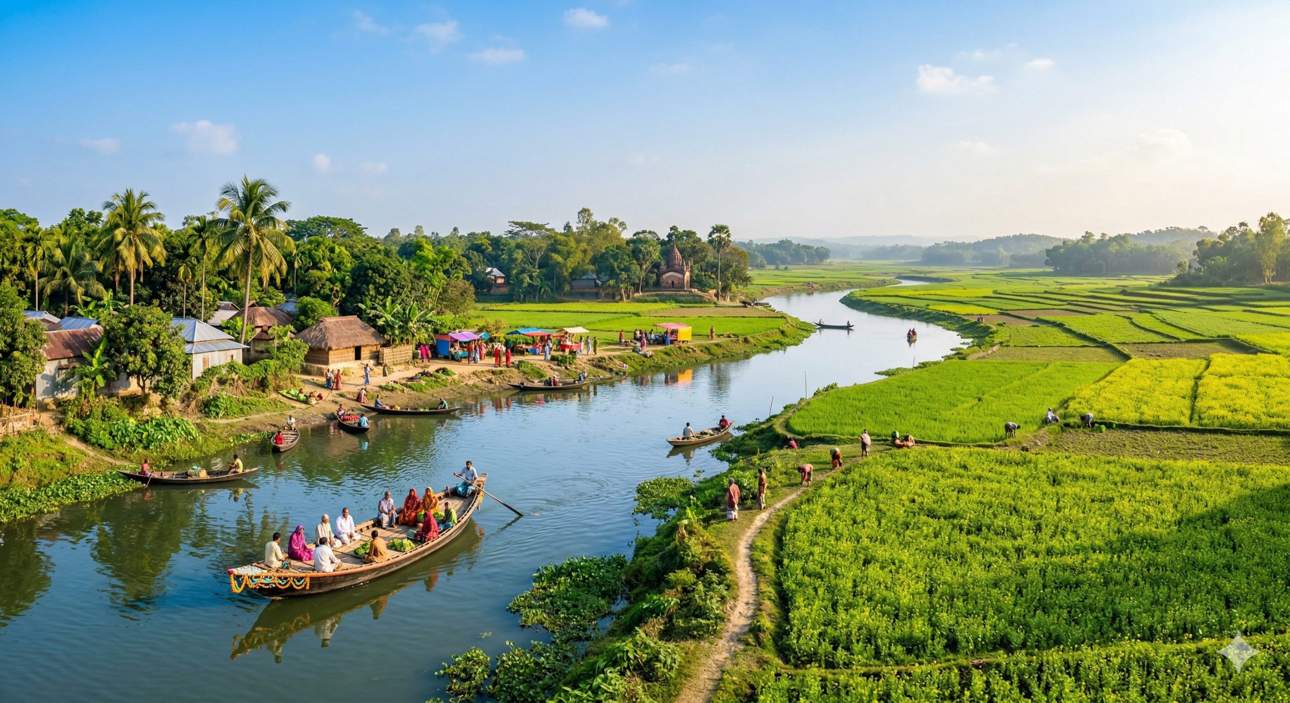 Traditional wooden boats on a calm river in rural Bangladesh surrounded by green fields and palm trees during winter.