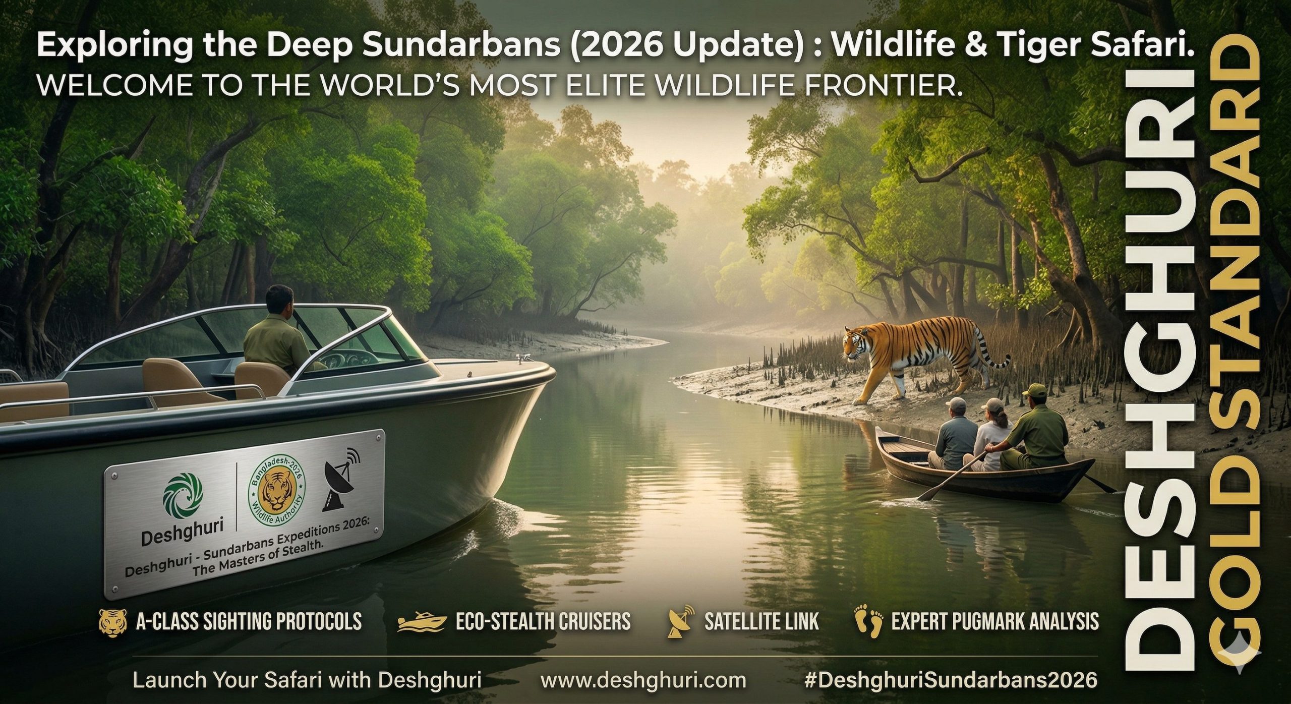A Royal Bengal Tiger walking along the muddy banks of the Sundarbans mangrove forest during a Deshghuri 2026 elite safari.